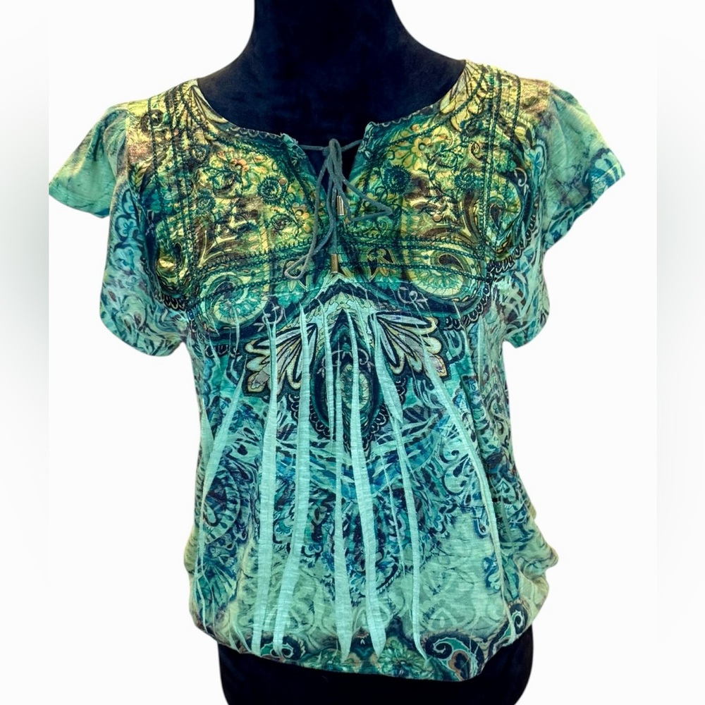Green Top Faerie Whimsigoth Lace Blouse Y2K Tee Tassels Women's Small Apt 9